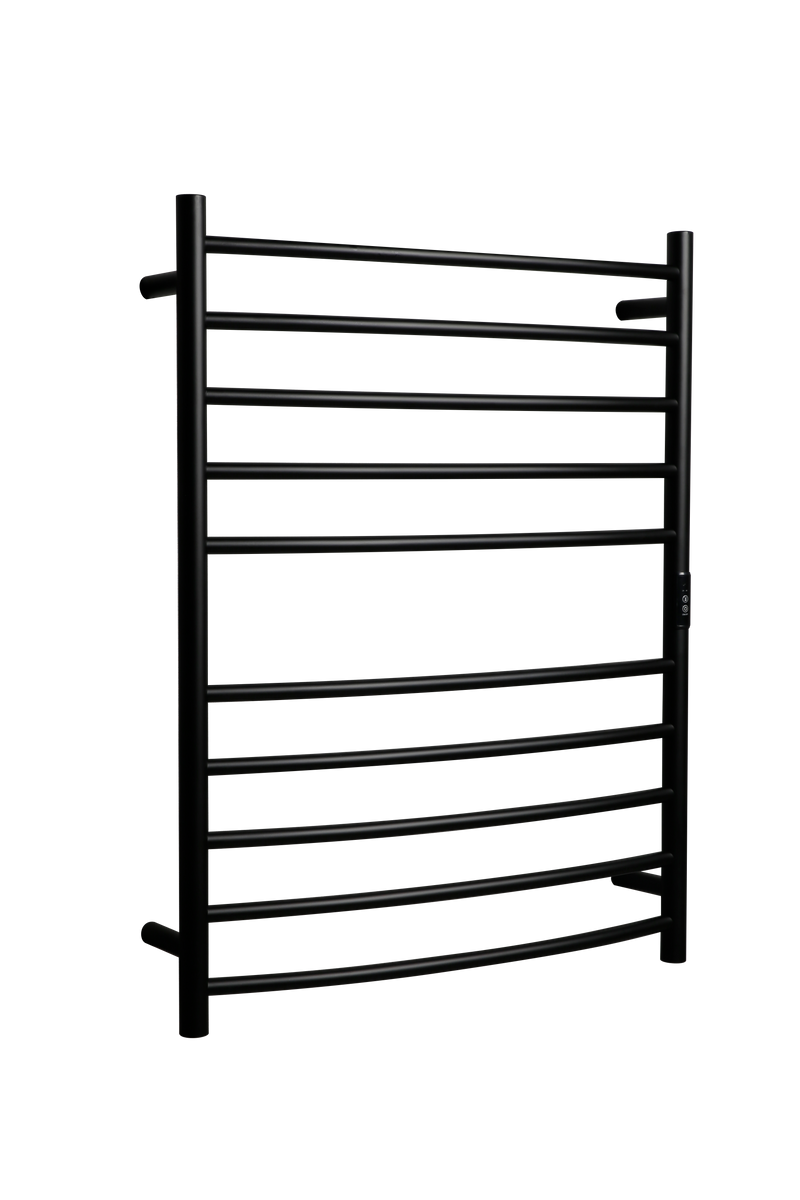 Hotwire Curved Round Heated Towel Rail 10 Bars Black 900hx700w Inc Timer