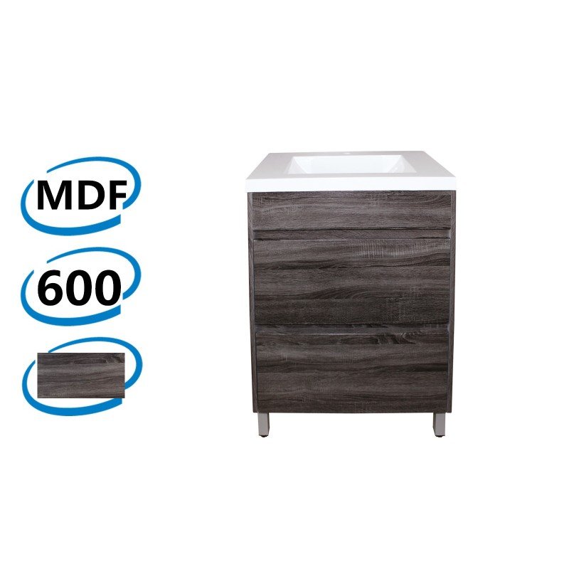 600x460x850mm Bathroom Floor Vanity Freestanding Ceramic / Poly Top Dark Grey Wood Grain PVC Filmed