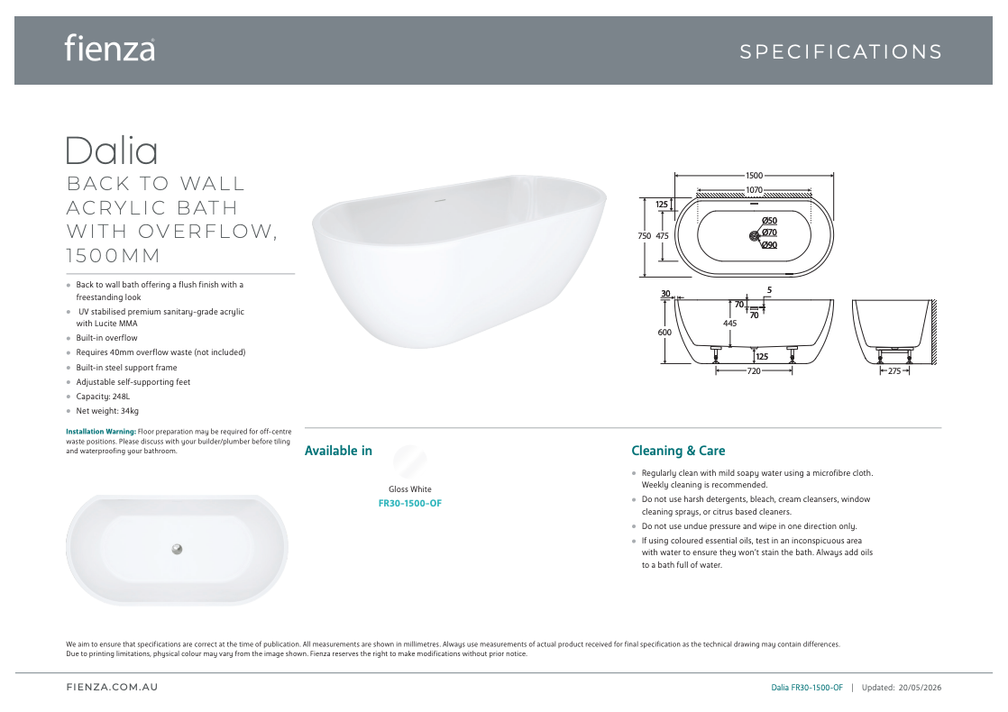 Fienza Dalia Back-to-Wall Acrylic Bath with Overflow, 1500mm