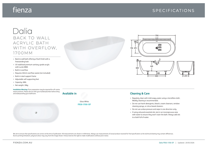 Fienza Dalia Back-to-Wall Acrylic Bath with Overflow, 1700mm