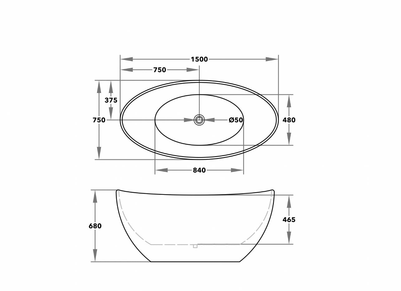 1500x750x680mm Evie Black & White Oval Freestanding Bathtub Acrylic