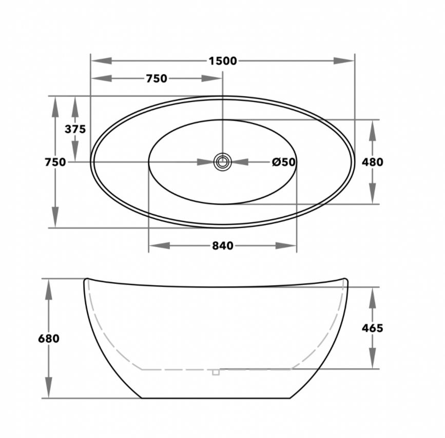 1500x750x680mm Evie Oval Bathtub Freestanding Acrylic Matt White Bath tub NO Overflow