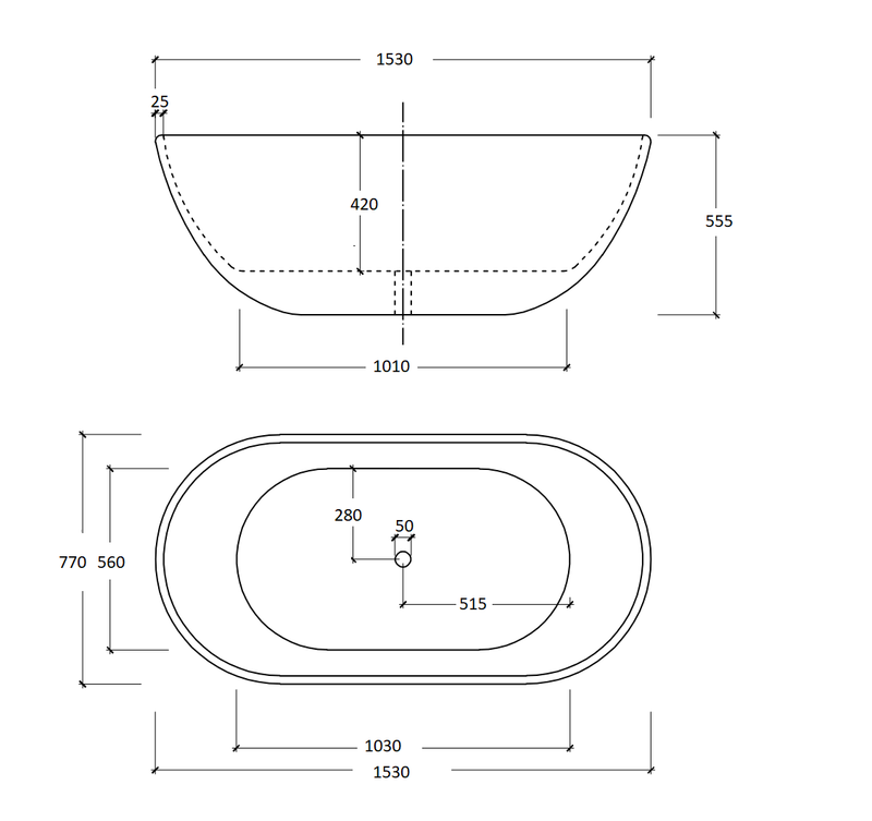 1530mm Ovia Egg Freestanding Bathtub Acrylic Matte White