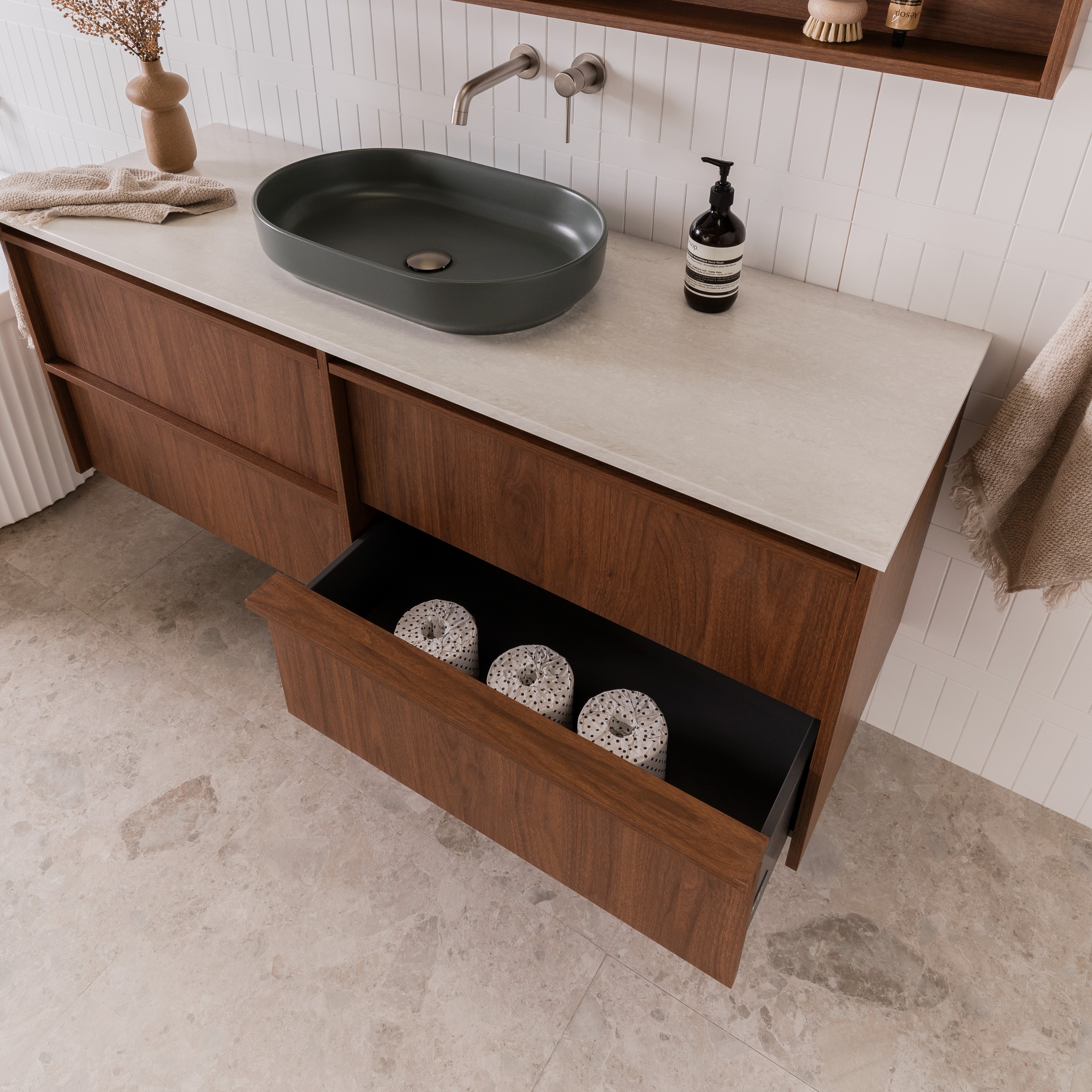 Eli 1500mm Wall Hung - Florentine Walnut Detail