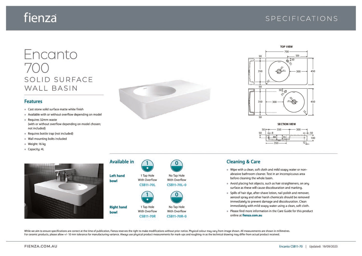 ENCANTO 700 Solid Surface Wall-Hung Basin, Right-Hand Bowl with Overflow