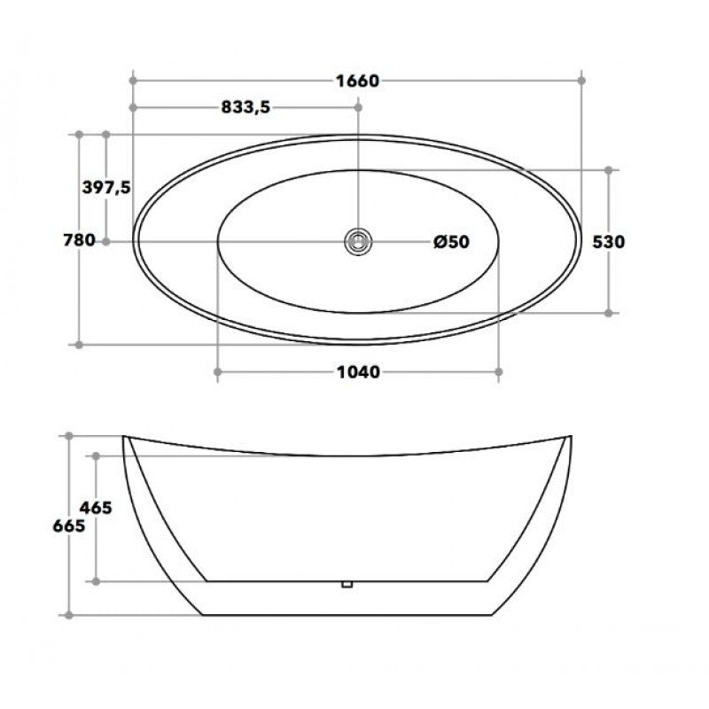 1660x780x665mm Evie Oval Freestanding Gloss Black & Gloss White Bathtub Acrylic NO Overflow