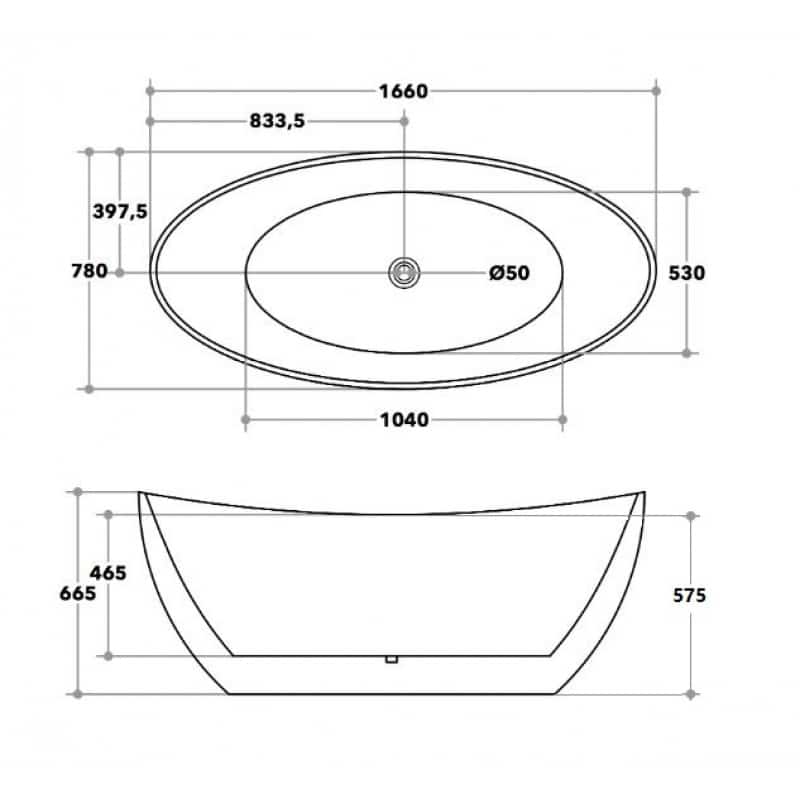 1660x780x665mm Evie Oval Bathtub Freestanding Acrylic Gloss White Bath tub NO Overflow