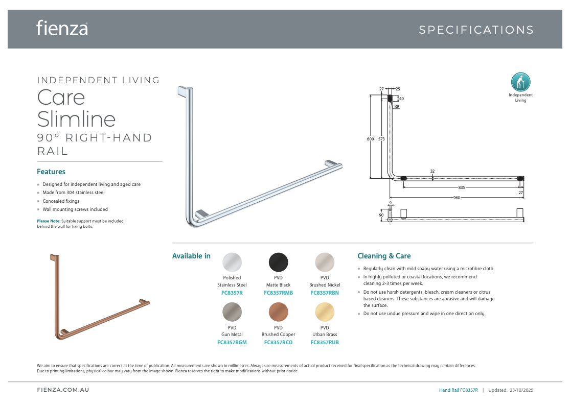 Fienza Independent Living, 90° Care Slimline Right-Hand Grab Rail, Gun Metal