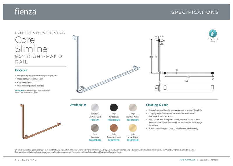 Fienza Independent Living, 90° Care Slimline Right-Hand Grab Rail, Gun Metal