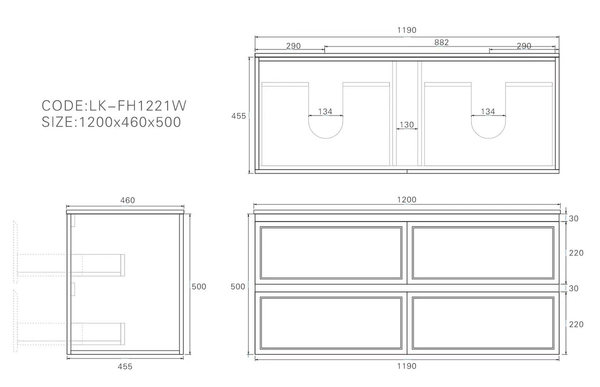 Lukka Hamilton Prime 1200 Four-Drawer Wall-Hung Vanity - Matte White - technical line drawing