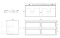 Lukka Hamilton Prime 1200 Four-Drawer Wall-Hung Vanity - Matte White - technical line drawing