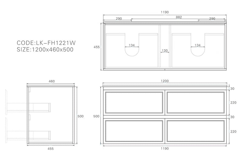Lukka Hamilton Prime 1200 Four-Drawer Wall-Hung Vanity - Matte White - technical line drawing