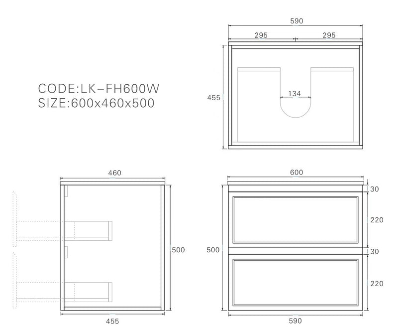 Lukka Hamilton Prime 600 Wall-Hung Vanity - Matte Black - technical line drawing