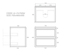Lukka Hamilton Prime 750 Wall-Hung Vanity - Matte White - technical line drawing