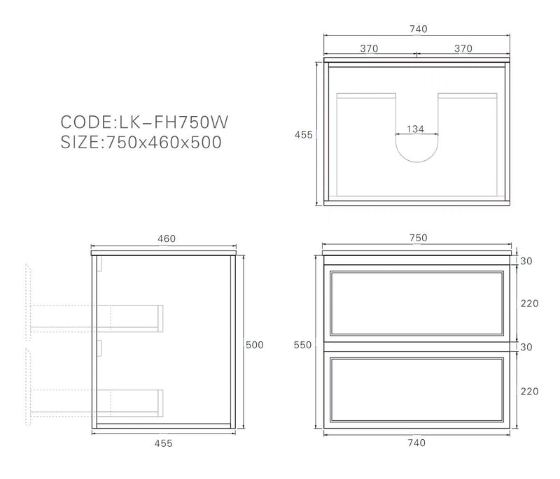 Lukka Hamilton Prime 750 Wall-Hung Vanity - Matte White - technical line drawing