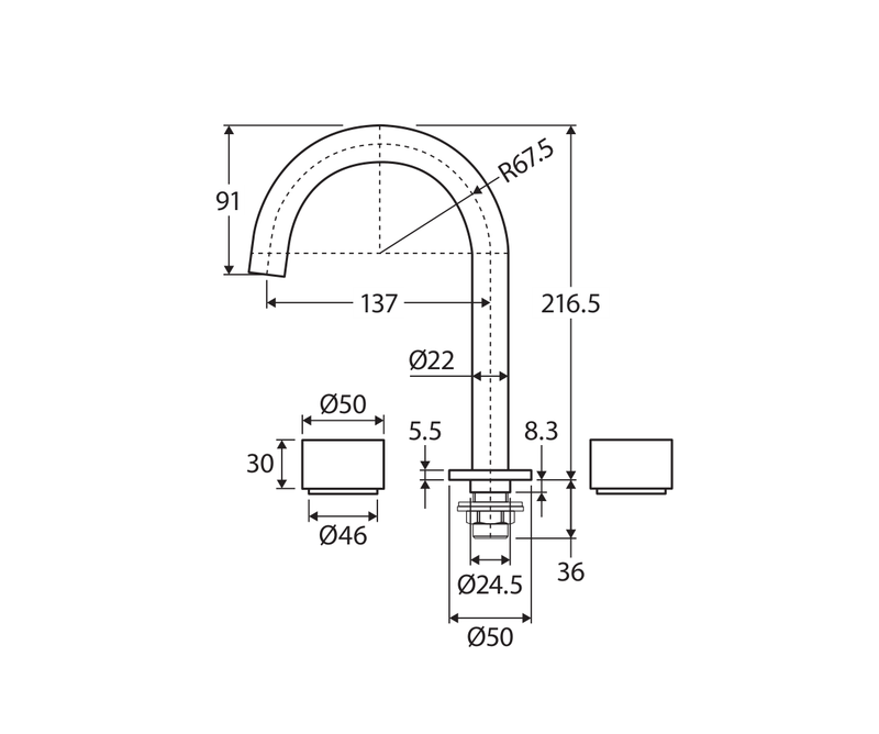 Fienza Kaya round hob set with round taps technical measurement drawing in millimetres