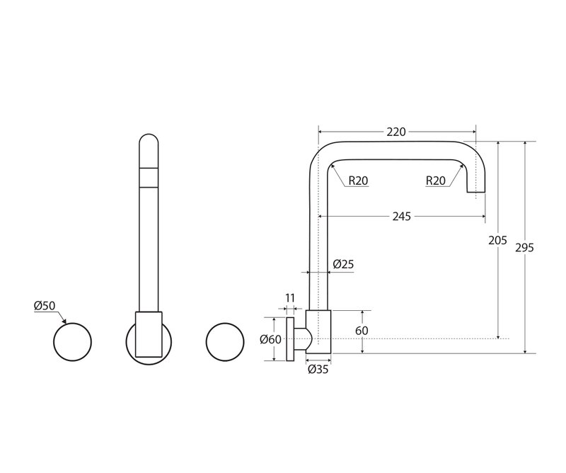 Fienza Kaya complete three-piece tap set technical measurement drawing in millimetres