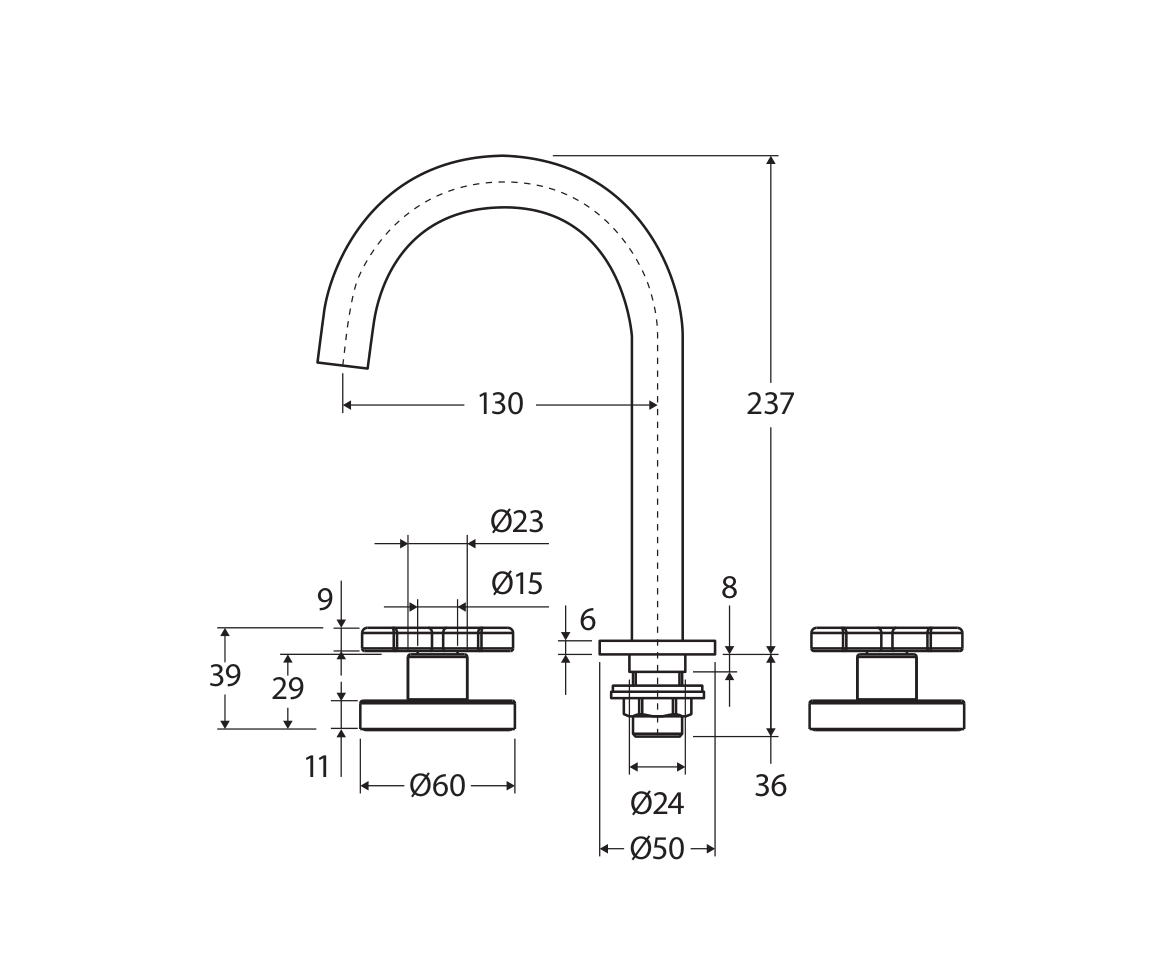 Fienza Kaya complete three-piece tap set technical measurement drawing in millimetres