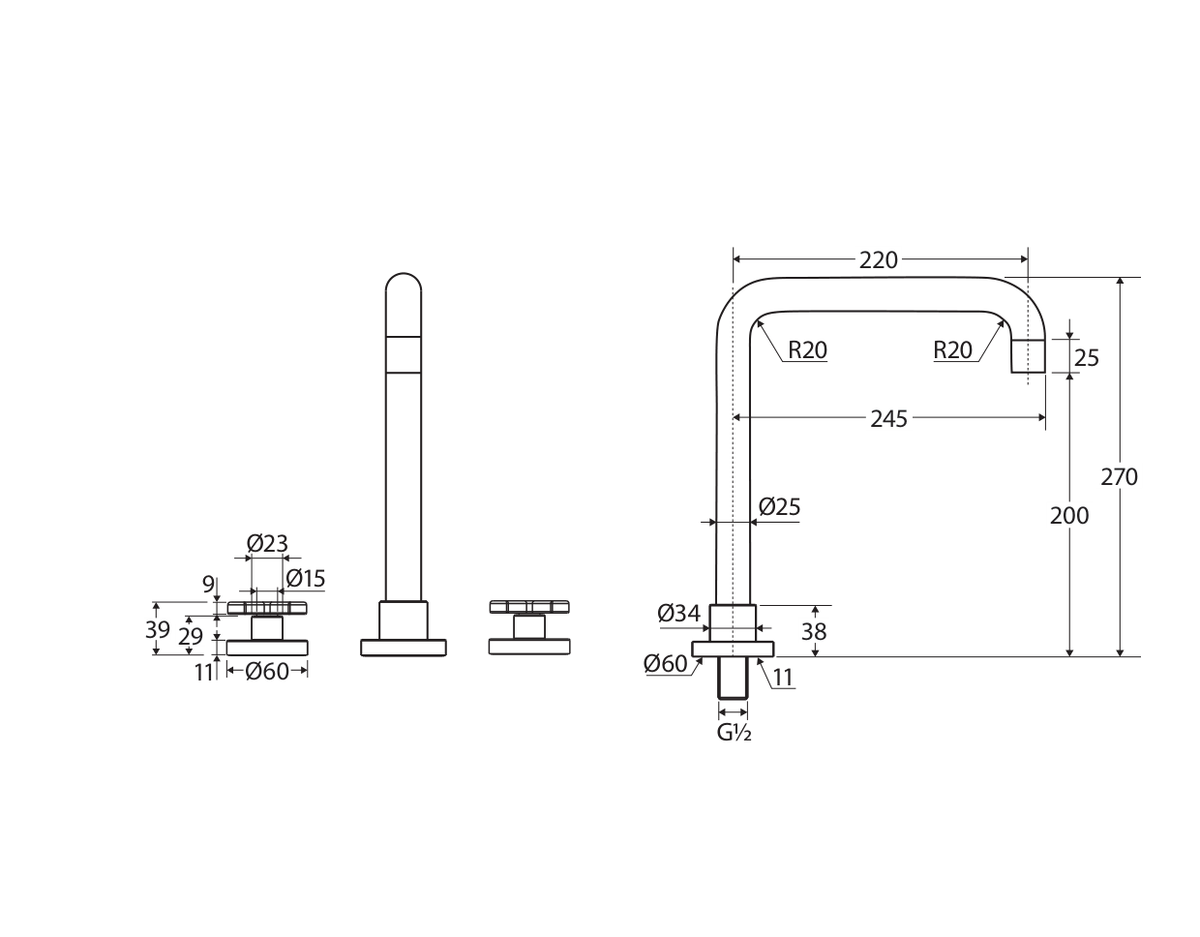 Fienza Kaya complete three-piece tap set technical measurement drawing in millimetres