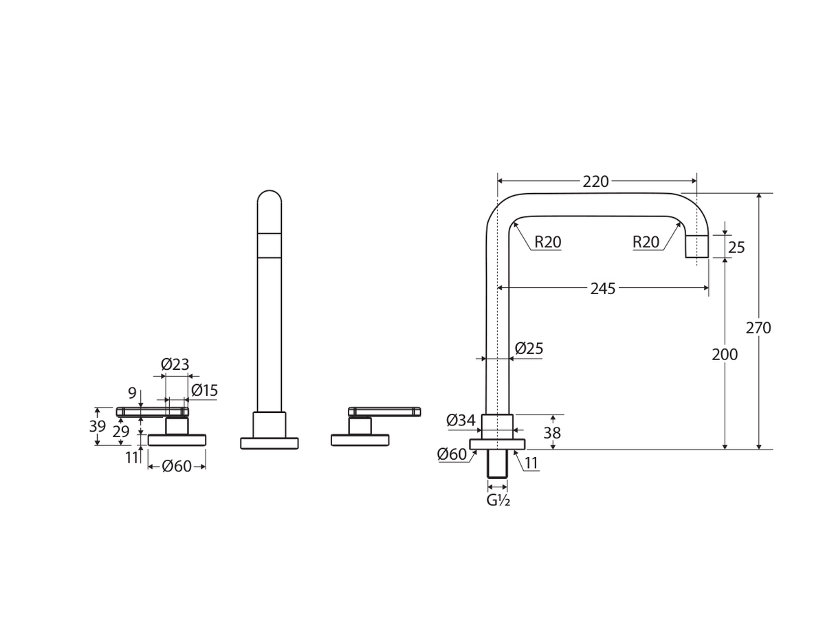 Fienza Kaya complete three-piece tap set technical measurement drawing in millimetres