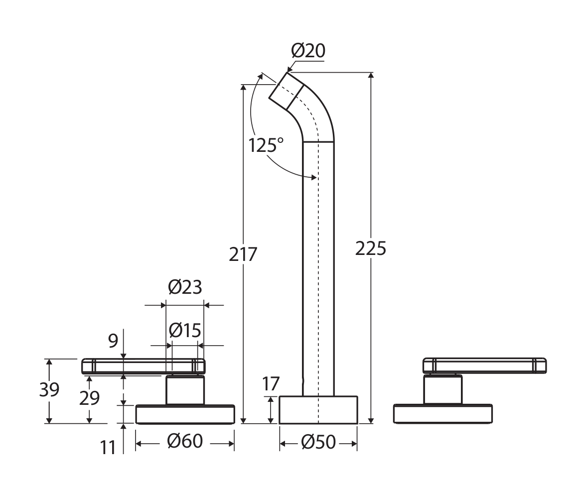 Fienza Kaya complete three-piece tap set technical measurement drawing in millimetres