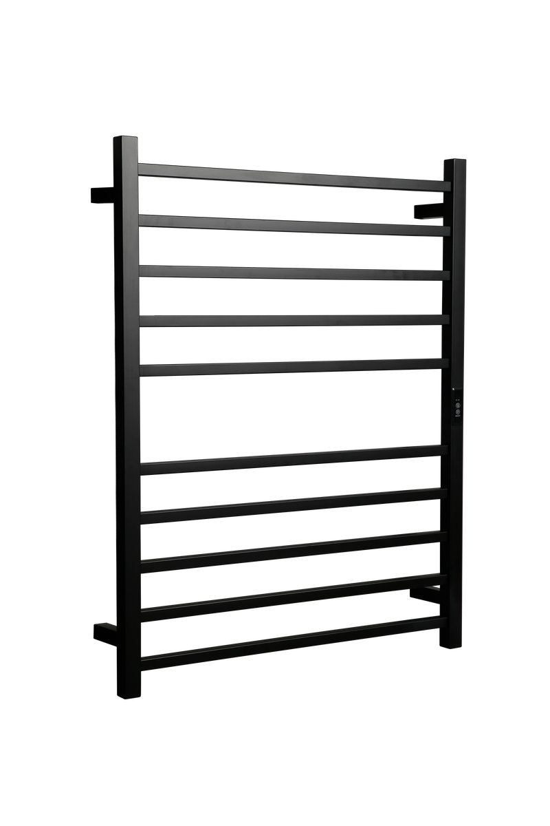 Hotwire Flat Square Heated Towel Rail 10 Bars Black 900hx700w Inc Timer