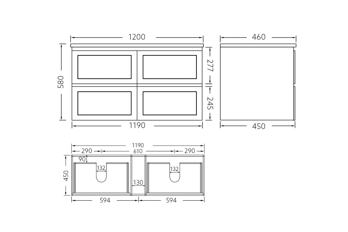 Matte White Fremantle 1200 Four Drawers Wall Hung Vanity