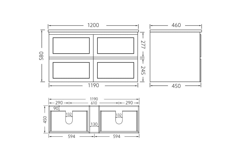 Matte White Fremantle 1200 Four Drawers Wall Hung Vanity