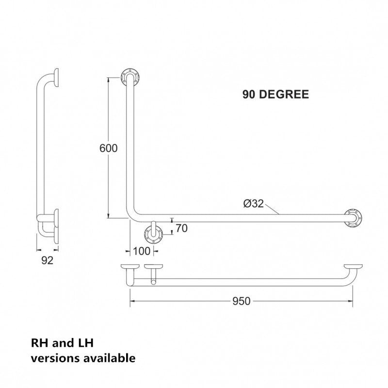Assist Grab Rail 950*600mm Left Hand Bar 90 Degree Ambulant Accessories Special Needs Stainless Steel 304