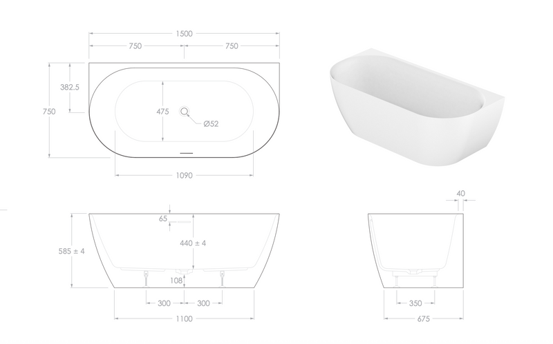 ADP Glacier Back to Wall Bath - 1500mm Gloss White