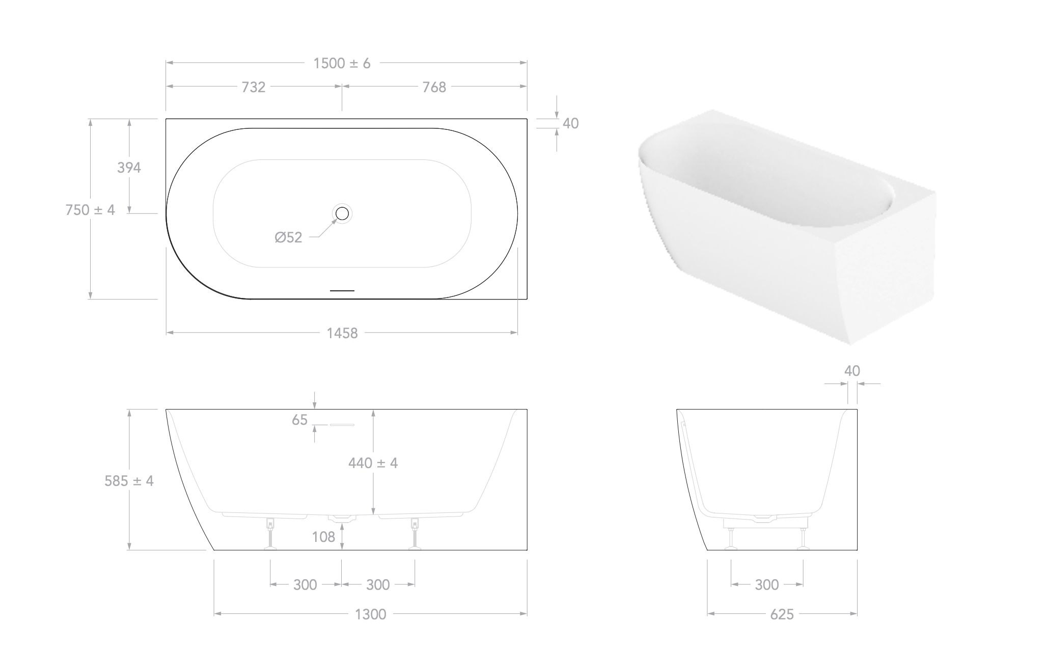 ADP Glacier Corner Bath 1500mm