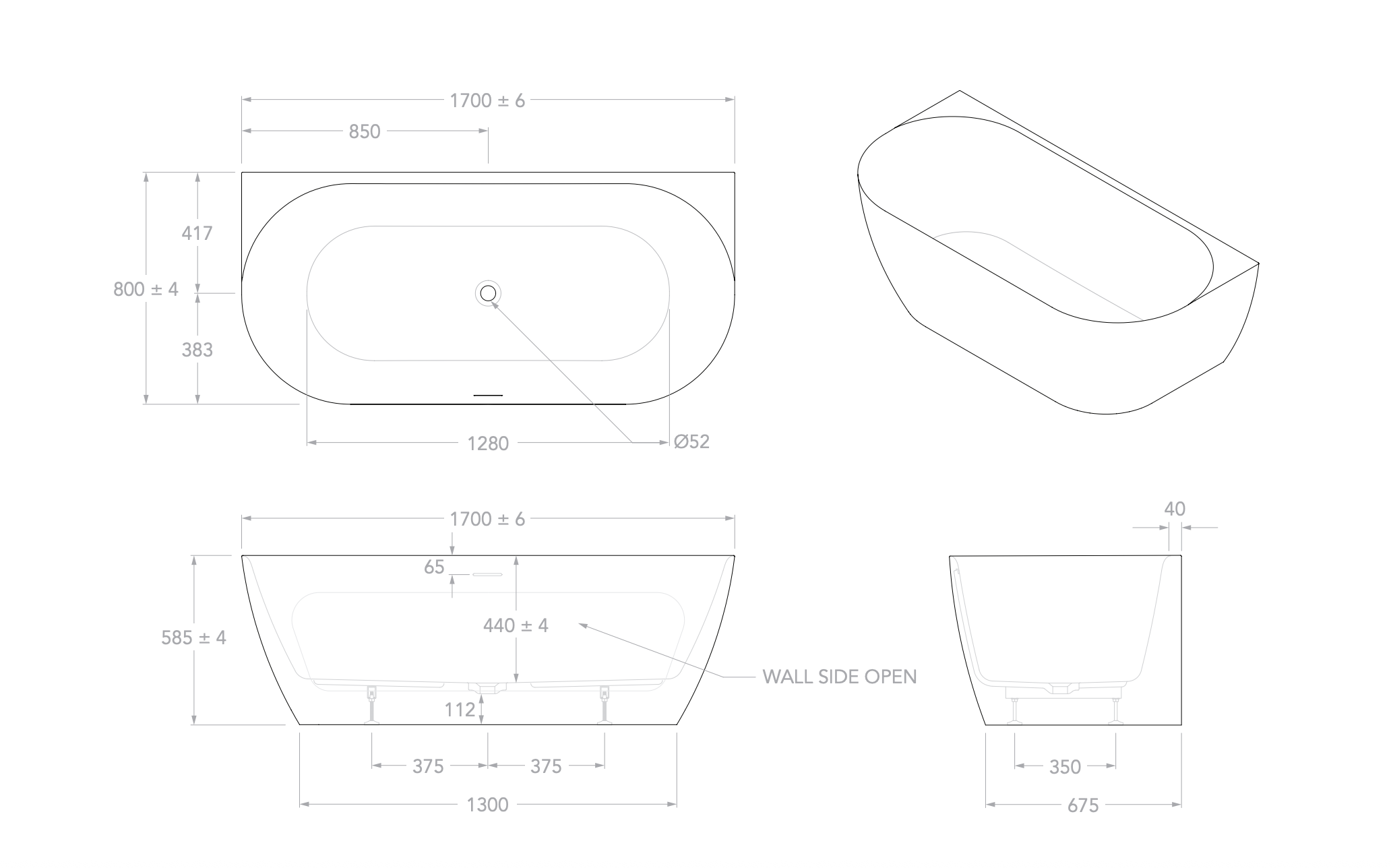 ADP Glacier Back to Wall Bath - 1700mm Gloss White