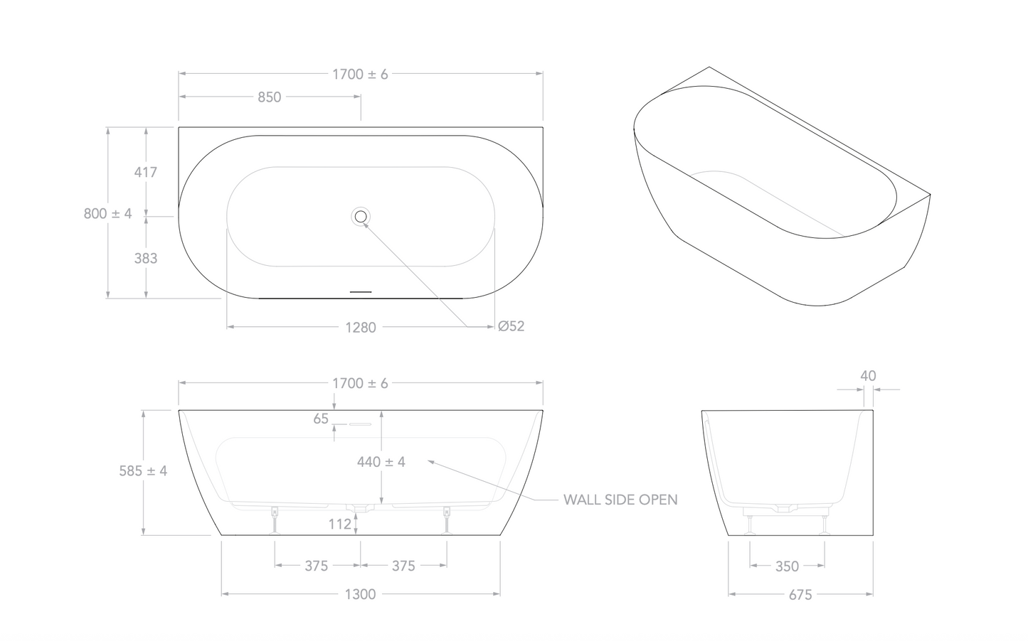 ADP Glacier Back to Wall Bath - 1700mm Gloss White