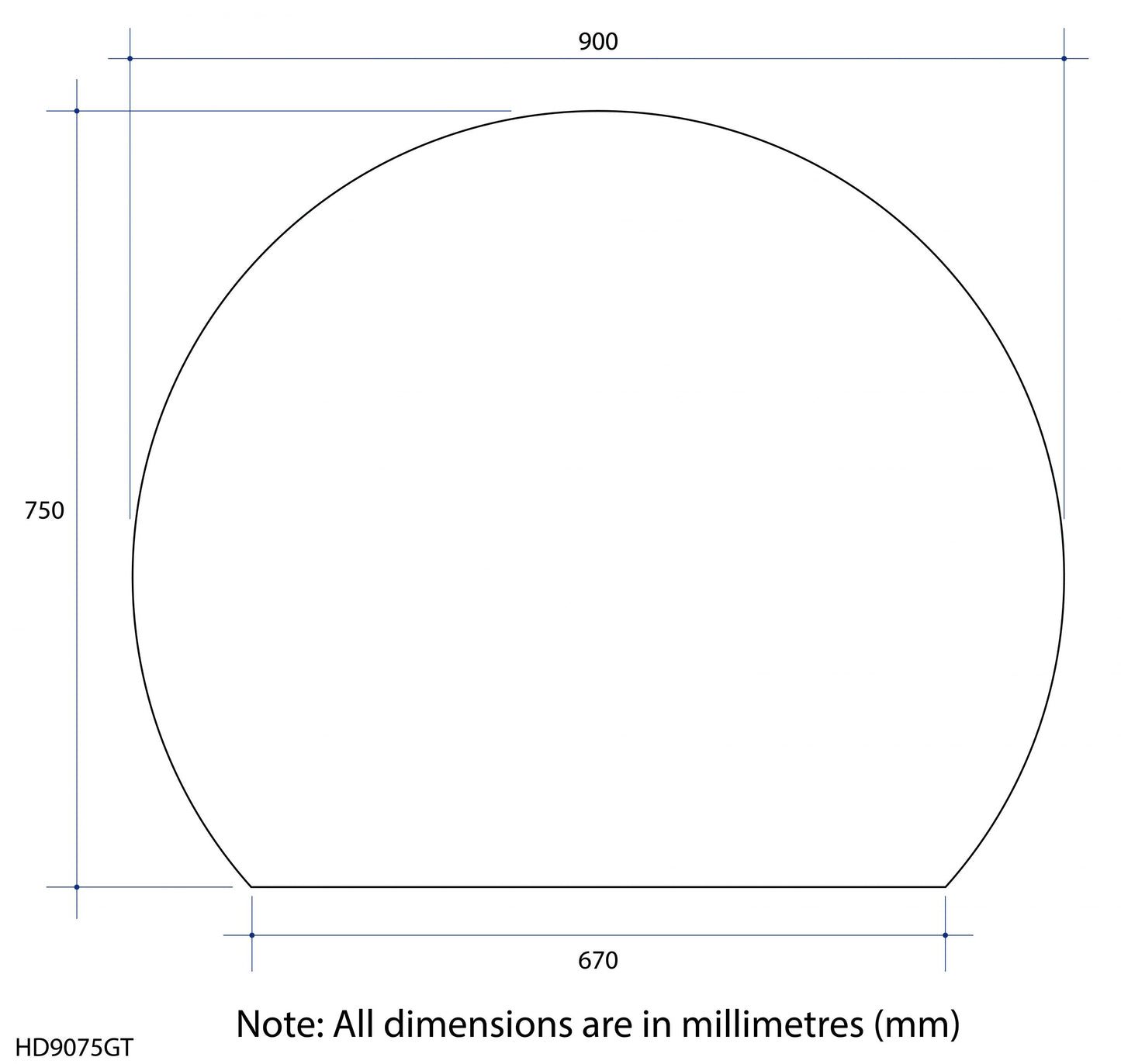 Thermogroup 900x750x5mm D-Shaped Polished Edge Mirror with Demister (Glue to Wall)