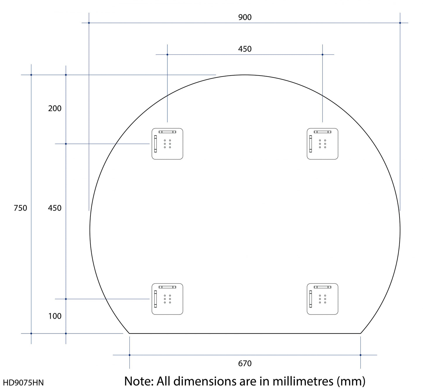 Thermogroup 900x750x11mm D-Shaped Polished Edge Mirror (Hanger Fixings)