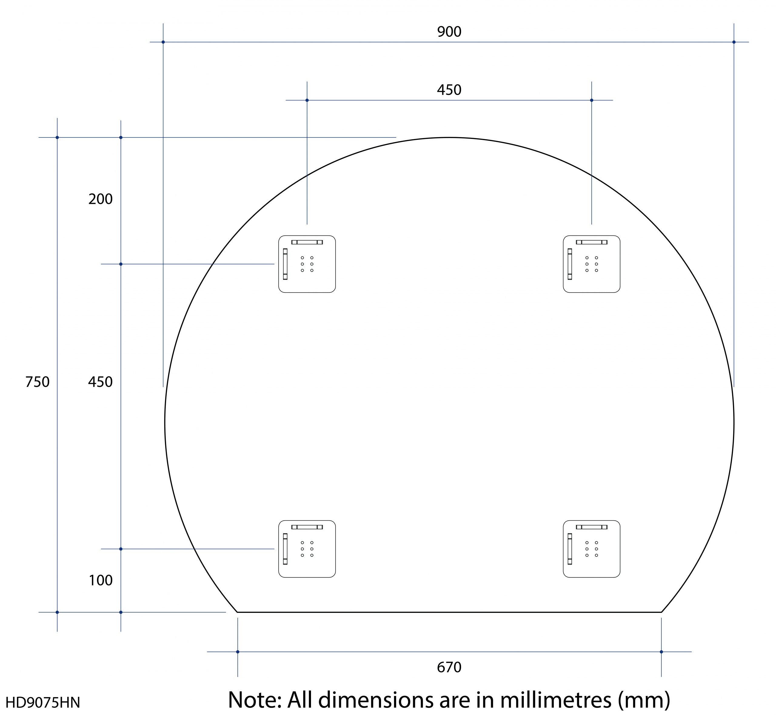 Thermogroup 900x750x11mm D-Shaped Polished Edge Mirror with Demister (Hangers Fixings)