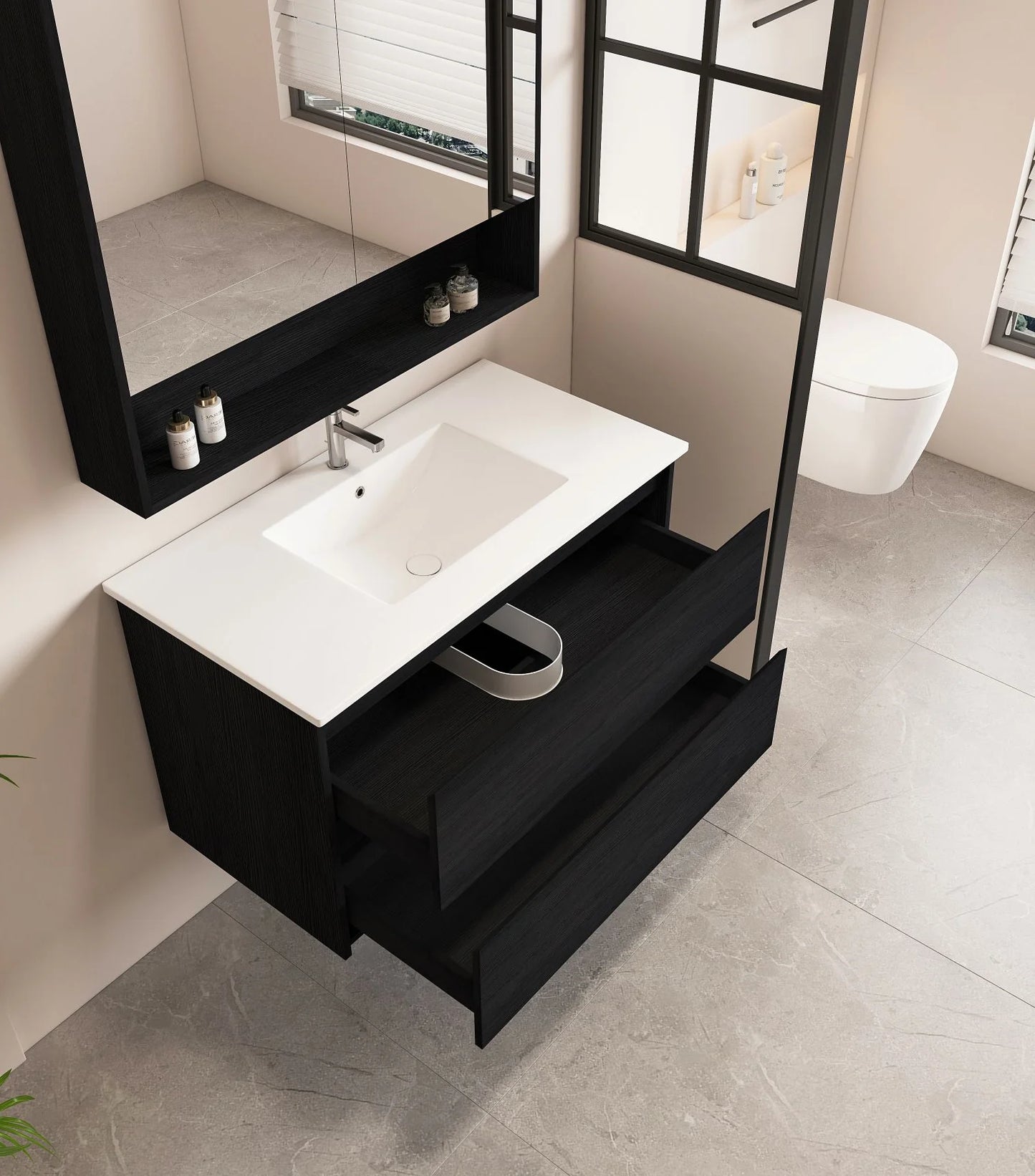 Hera 900mm Wall-Hung Vanity Black Oak