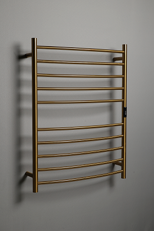 Hotwire Curved Round Heated Towel Rail 10 Bars Gold 900hx700w Inc Timer