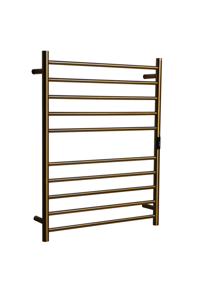 Hotwire Flat Round Heated Towel Rail 10 Bars Gold 900hx700w Inc Timer