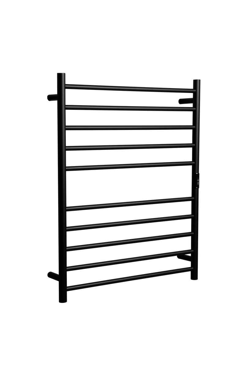 Hotwire Flat Round Heated Towel Rail 10 Bars Black 900hx700w Inc Timer