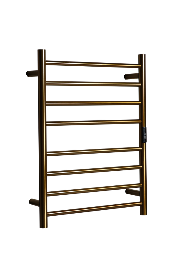 Hotwire Flat Round Heated Towel Rail 8 Bars Gold 700hx530w Inc Timer