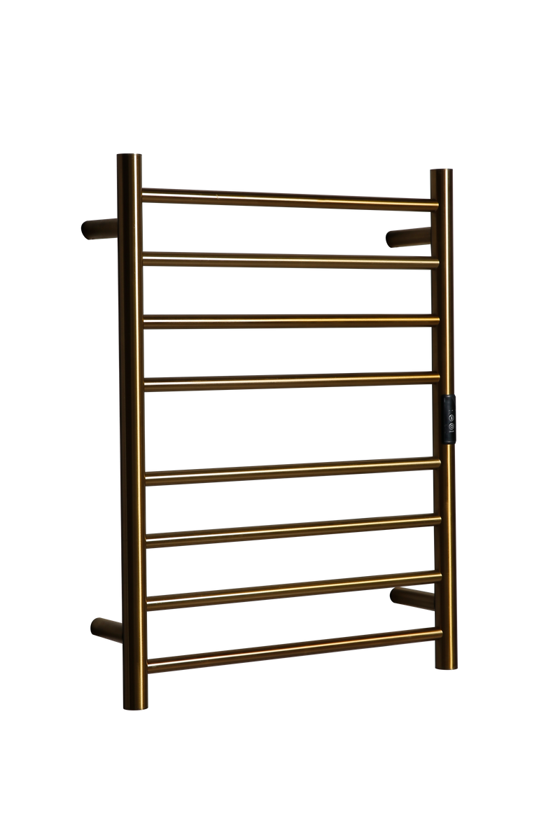 Hotwire Flat Round Heated Towel Rail 8 Bars Gold 700hx530w Inc Timer