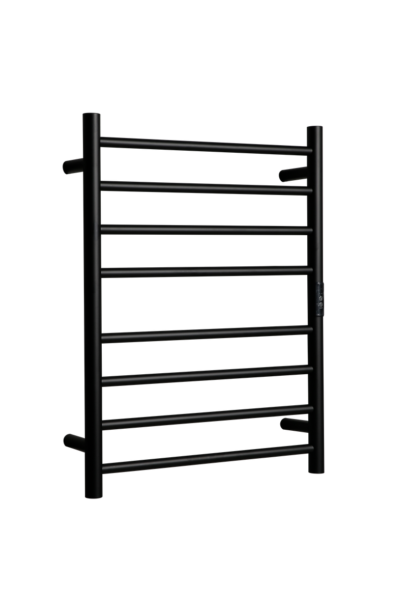 Hotwire Flat Round Heated Towel Rail 8 Bars Black 700hx530w Inc Timer