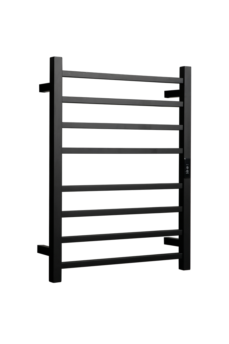 Hotwire Flat Square Heated Towel Rail 8 Bars Black 700hx530w Inc Timer