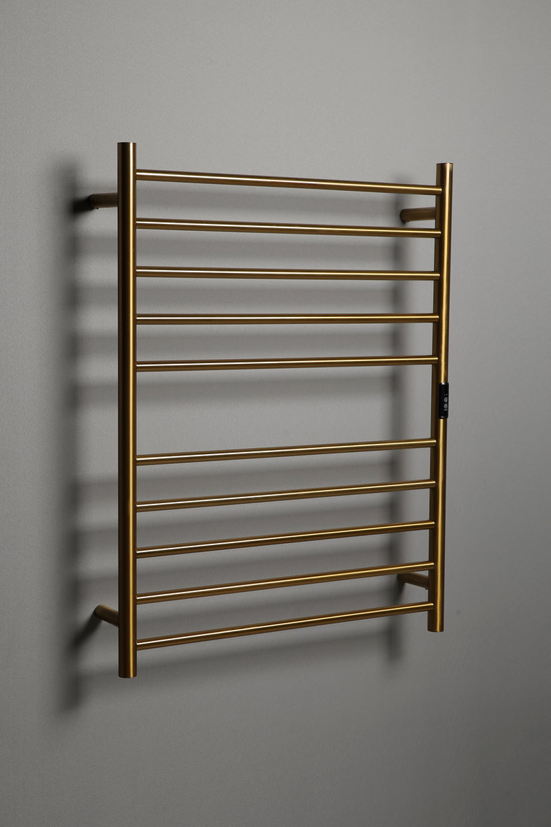 Hotwire Flat Round Heated Towel Rail 10 Bars Gold 900hx700w Inc Timer