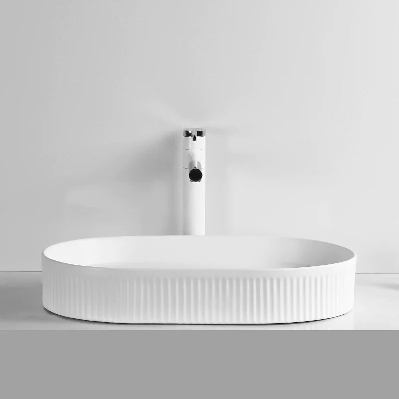 Ovia Pill Oval Matte White Oval Fluted 580mm x 360mm Basin Above Counter
