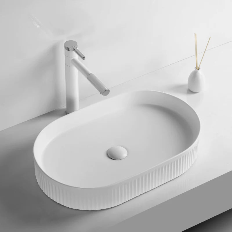 Ovia Pill Oval Matte White Oval Fluted 580mm x 360mm Basin Above Counter