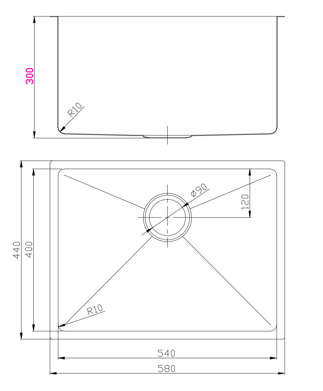 Eden 580x440x300 Single Bowl Stainless Steel Sink Undermount/Above Mount