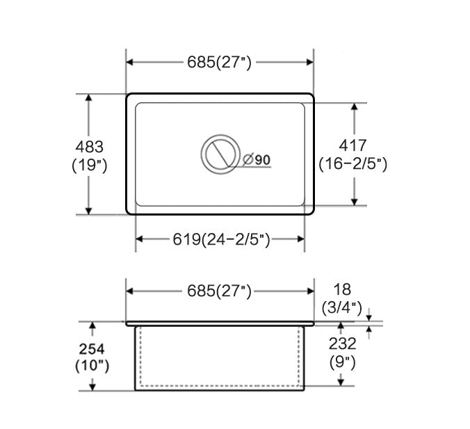 Ovia 685x483x254mm Undermount Fine Fireclay Butler Sink Single Bowl Farmhouse Kitchen Sink