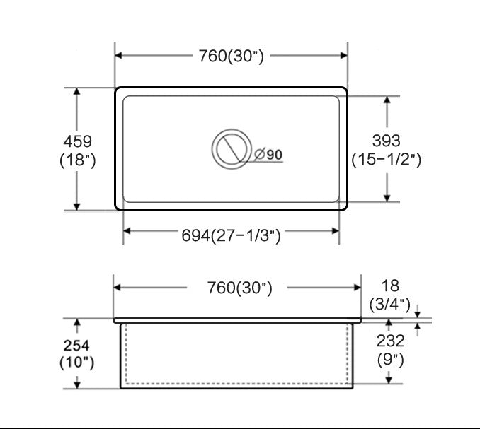 Ovia 760x459x254mm Undermount Fine Fireclay Butler Sink Single Bowl Farmhouse Kitchen Sink